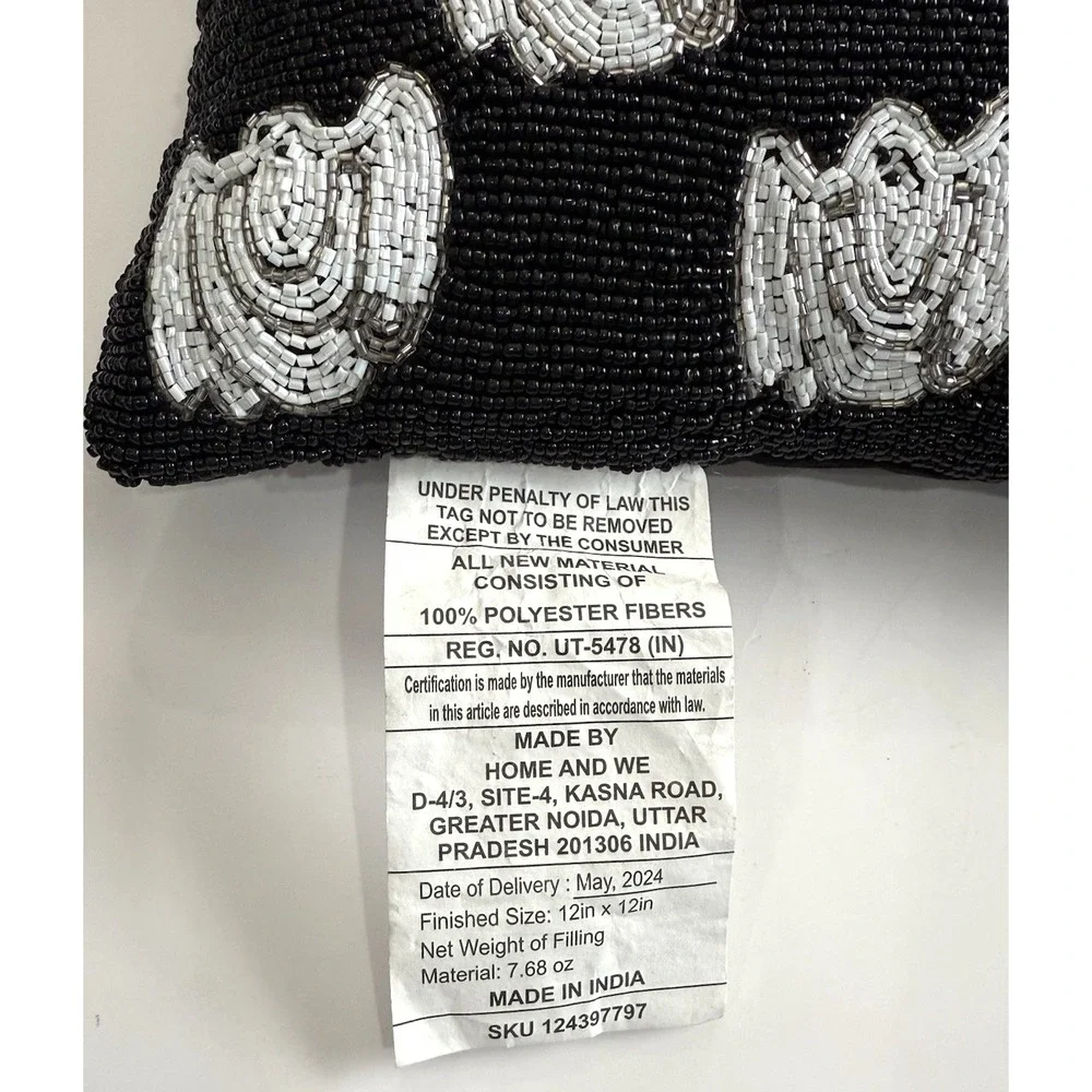 Beaded Halloween Square Pillow Black & White 